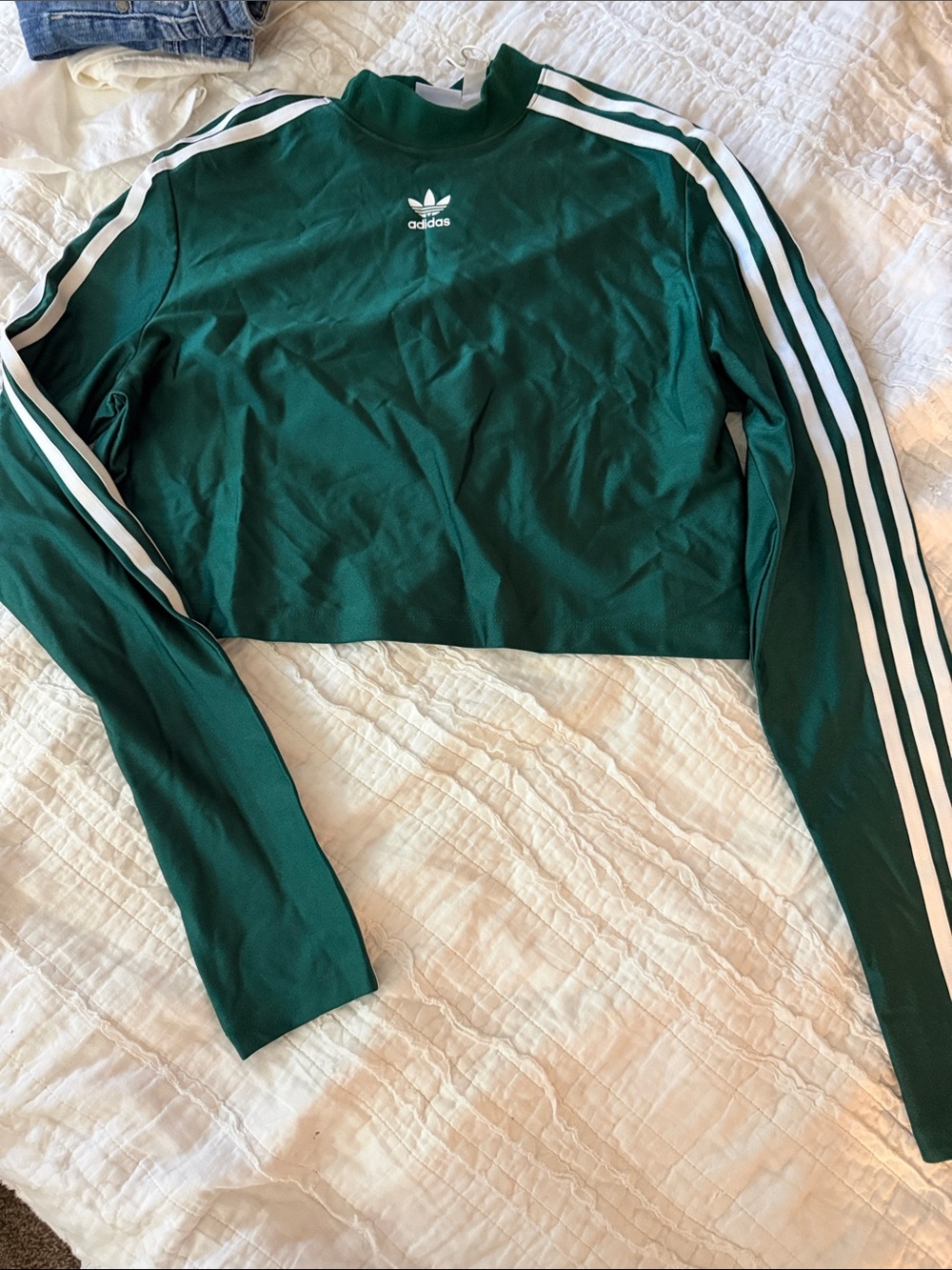 adidas Dark Green Long-Sleeve Cropped Track Top with White Stripes